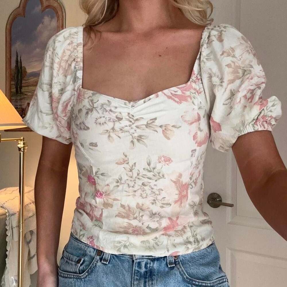 H&M Floral Linen Blend Puff Sleeve Sweetheart Top XXS